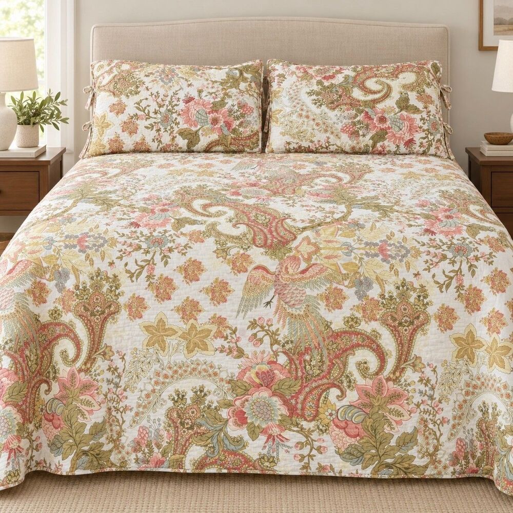 Pottery Barn Reversible Bird Floral Paisley Cotton King Quilt 2 Standard Shams